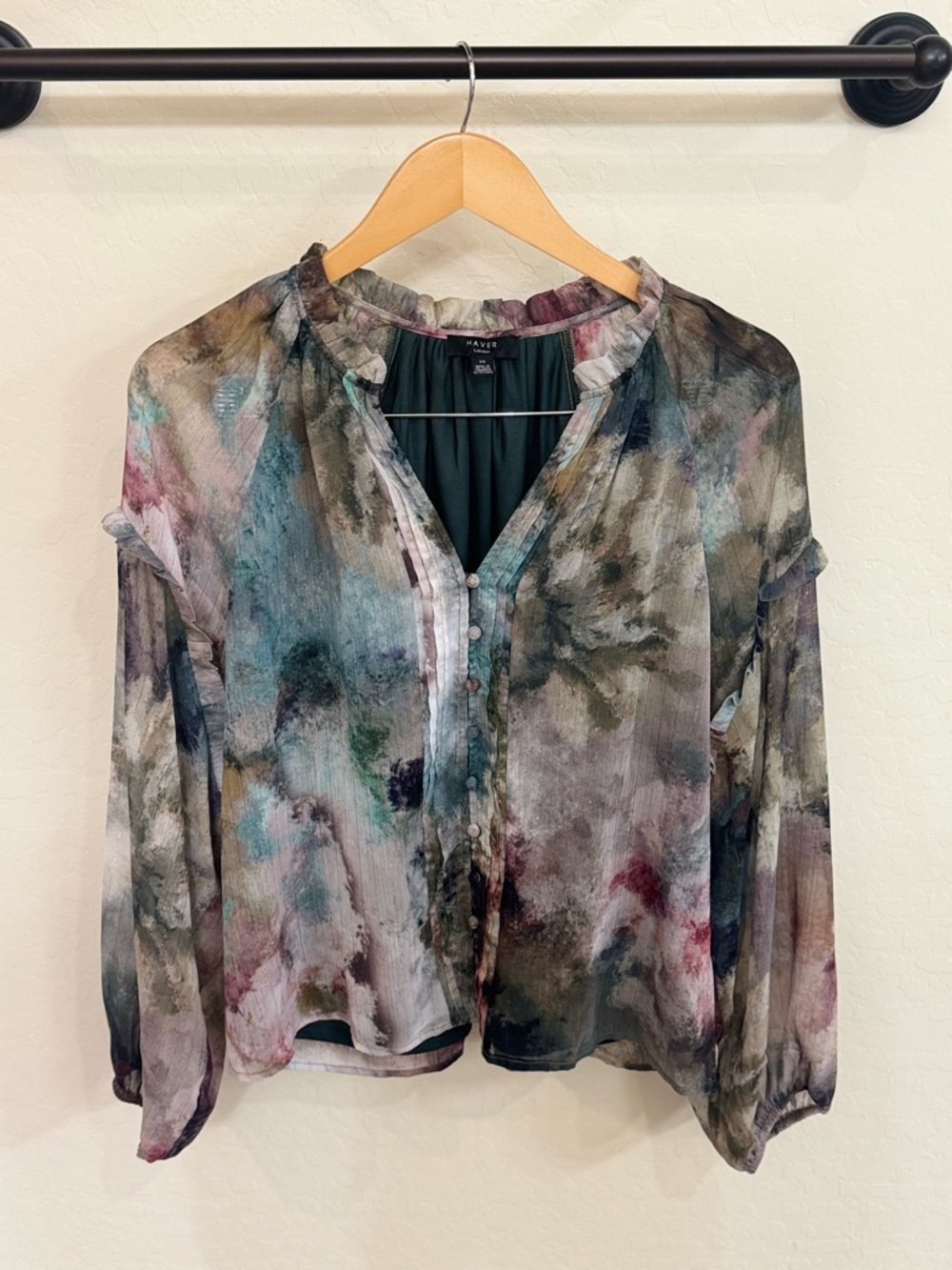 Haver London Multicolor Abstract Watercolor Print Ruffle Neck Blouse Size Large